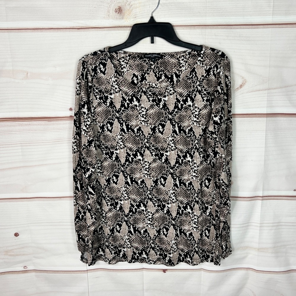 Mario Serrani Top Womens L Black Snakeskin Print Blouse Jersey Knit Long Sleeve